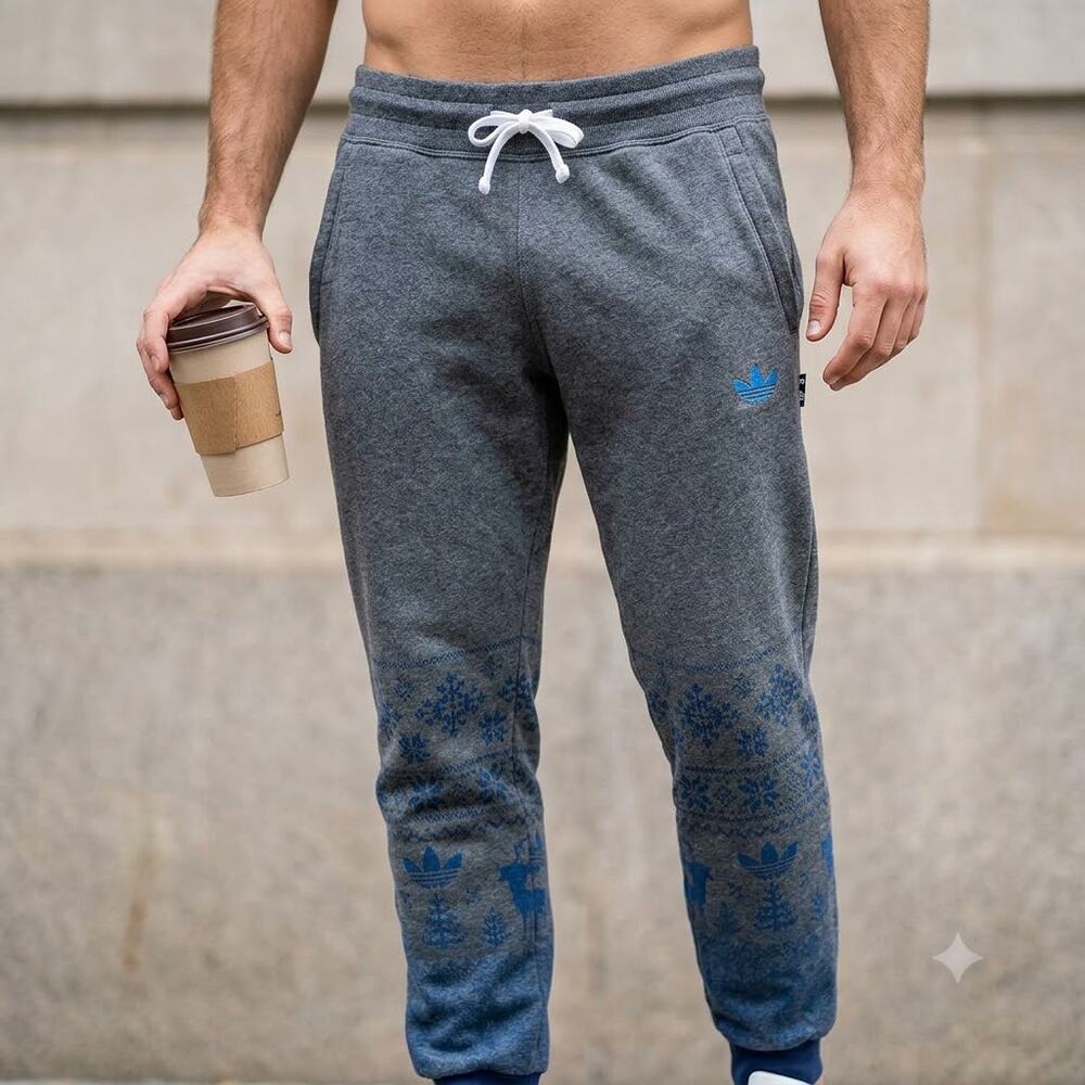 Adidas XL Sweatpants Joggers Terry Lined Ombre Gray Snowflake Fair Isle Print